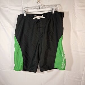 Men's 38" Liquid Long Leg Lined Tie Front Black and Green Swim Trunks/Shorts